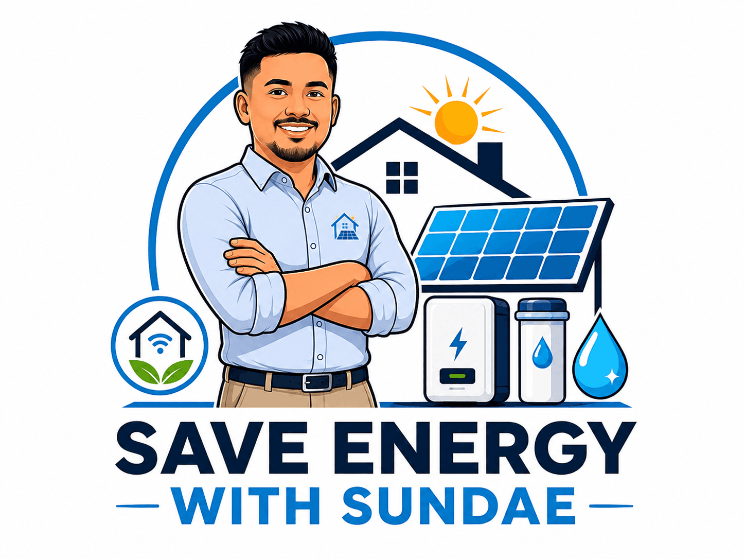 Illustrated portrait of Sundae with solar, battery and home water solutions